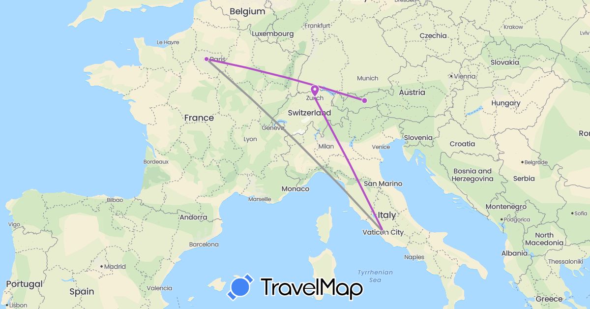 TravelMap itinerary: plane, train in Austria, Switzerland, France, Italy (Europe)