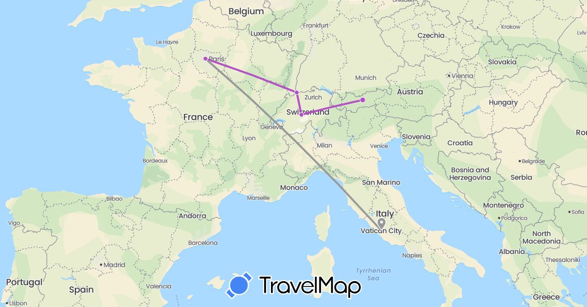 TravelMap itinerary: driving, plane, train in Austria, Switzerland, France, Italy (Europe)